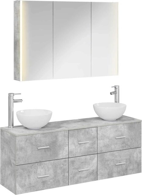 vidaXL Badezimmermöbel-Set 4-teilig in Betongrau aus Ingenieurholz und Glas mit LED-Beleuchtung und Spiegelschrank - Bild 1
