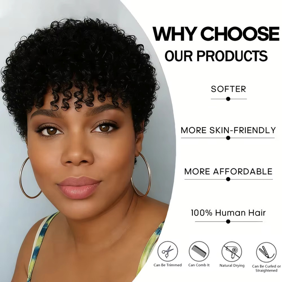 OYM HAIR Echthaarperücke Pixie-Cut, Jerry-Locken, 180% Dichte, Damen - Bild 3