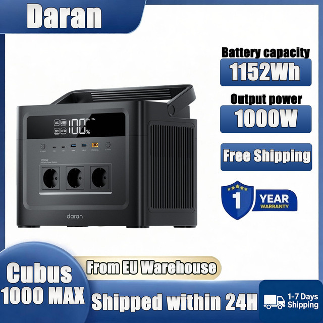 Daran Cubus 1000 MAX Tragbare Powerstation mit 1152Wh LiFePO4-Batterie und 100W Solargenerator in Schwarz - Bild 1