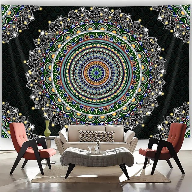 Bohemian Mandala Wandteppich von JMG Household Supplies in Grün und Multicolour mit Pfauen-Motiv, B/H: 150 x 130 cm - Bild 1