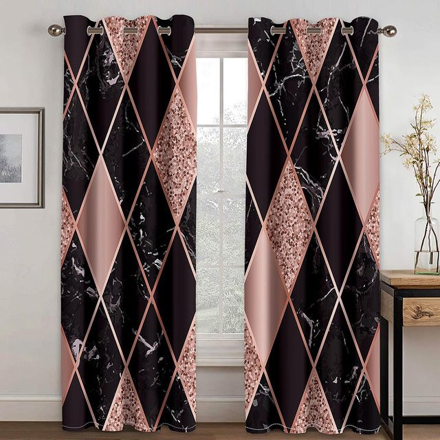 Luxuriöse 2er-Set Vorhänge mit abstraktem geometrischem Muster in Schwarz-Gold, halbtransparent, Breite: 50 cm, Höhe: 50 cm pro Panel inklusive Haken - Bild 1