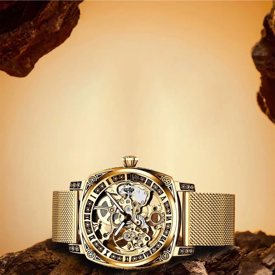 Herren Armbanduhr Automatik, Messing, Gold, Milanaise, Rund - Bild 2