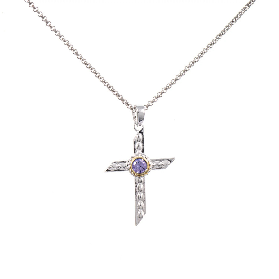 Anhänger Kreuz mit Kette, 925 Silber, teilvergoldet, Zirkonia, flieder - Bild 1