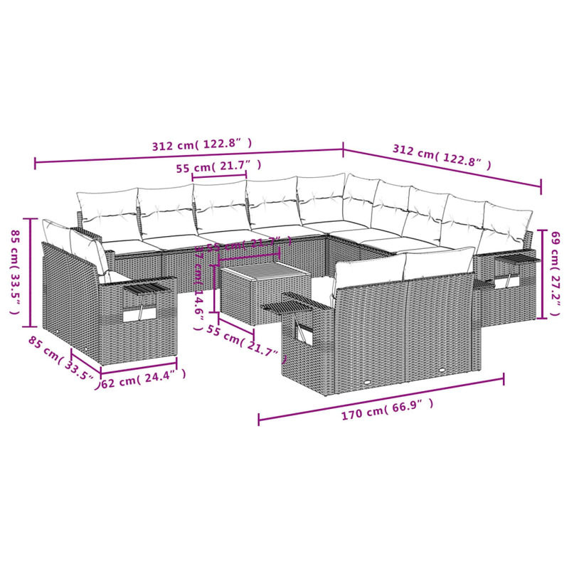 Vidaxl Gartenmöbel-Set aus Polyrattan und Akazie mit 14 Teilen und Kissen, Grau - Bild 2