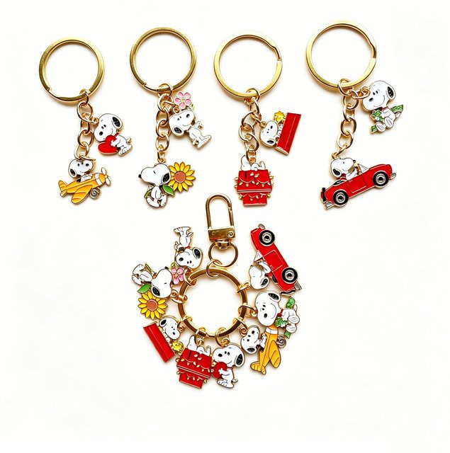 Bandai Schlüsselanhänger, Blumenmotiv, Weißer Hund, Gold - Bild 1