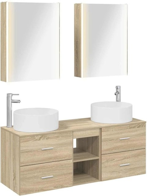 vidaXL Badezimmermöbel-Set 5-teilig in Sonoma-Eiche mit Waschtischunterschrank und Spiegelschrank aus Holz und Glas, Braun, B/T/H: 70,0 x 47,49 x 44,5 cm - Bild 1