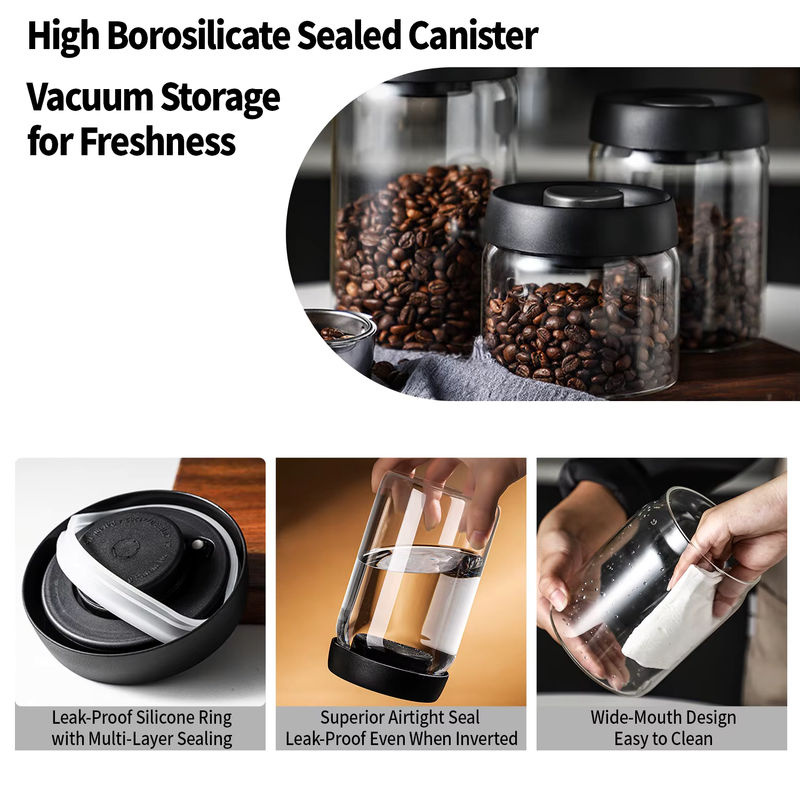 OANKR Vakuum-Kaffeebehälter aus Glas, luftdichter Aufbewahrungsbehälter für Kaffeebohnen, transparent/schwarz, 500 ml - Bild 3