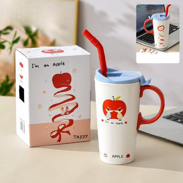 Keramiktasse mit Deckel und Strohhalm in Rot und Weiß, Apfel-Design, 520 ml - Bild 1