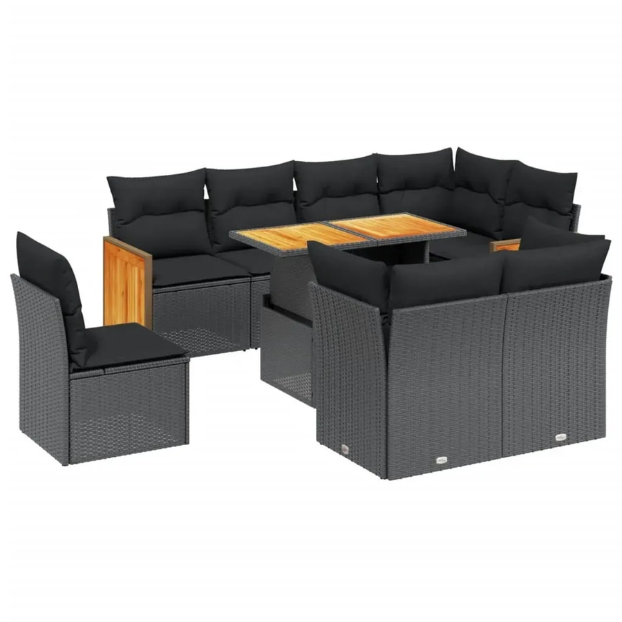 vidaXL 9-tlg. Garten-Sofagarnitur in U-Form aus schwarzem Poly-Rattan mit Kissen und pulverbeschichtetem Stahlgestell - Bild 2
