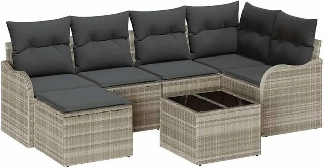 vidaXL Garten-Sofa-Set 7-teilig aus Poly Rattan in Hellgrau mit Kissen und Couchtisch - Bild 1