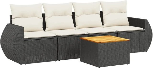 vidaXL 5-teilige Garten-Sofagarnitur aus Poly-Rattan und Akazienholz in Schwarz-Creme mit Kissen - Bild 1