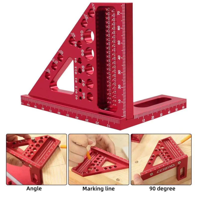 3D-Mehrwinkel-Messlineal aus Aluminiumlegierung in Rot, metrisches Holzbearbeitungs-Quadratlineal mit 45 Grad Winkel und präzisem Anreißfunktion - Bild 2