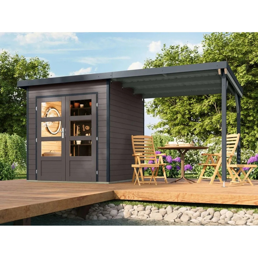 Karibu Gartenhaus Plutus als Schuppen mit Anbaudach in Grau mit 28 mm Wandstärke - Bild 2