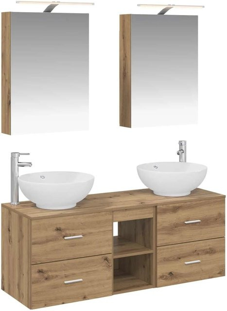 vidaXL Badezimmermöbel-Set 5-teilig in Artisan-Eiche mit Glas und LED-Beleuchtung, Braun - Bild 1