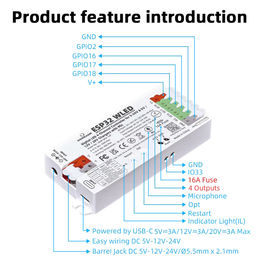 DOMRAEM ESP32 WLED Controller mit Sound Reactive Mic, 4 Ausgänge, 16A Sicherung, PD 5V/12V/20V DC 5-24V für WS281X SK6812 APA102 Pixel Licht, WiFi und USB, Schwarz oder Weiß - Bild 3