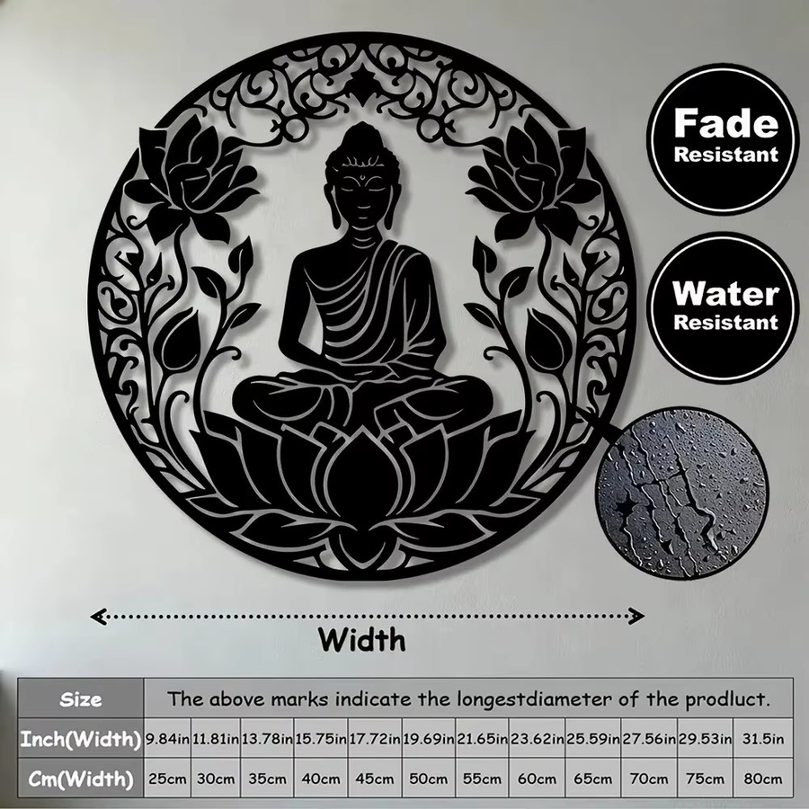 CIFBUY Buddha Lotus Mandala Wandkunst aus Metall in Schwarz, runde orientalische Meditations-Dekoration mit floralem Design - Bild 3