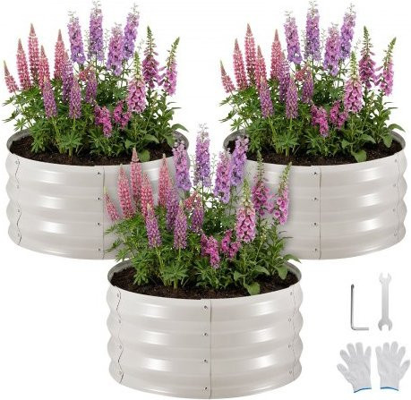 VEVOR 3er Set Hochbeet aus verzinktem Metall, runde Pflanzkübel ohne Boden, Beige, B/T/H: 60 x 60 x 30 cm - Bild 1