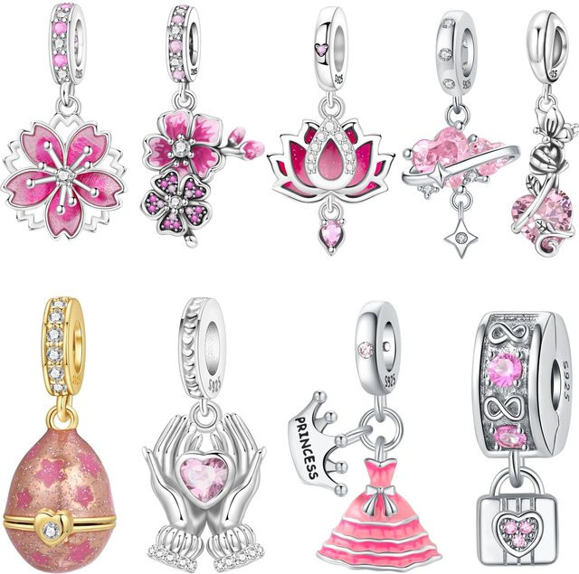 MISEFF Charm, herzförmiger Blumenanhänger, rosafarben, 925 Silber - Bild 1