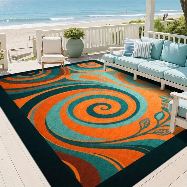 VIKAMA Outdoor-Teppich mit Wirbelmuster in Orange und Türkis, wasserdicht und rutschfest, Rechteckig, B: 120 cm, T: 80 cm - Bild 1