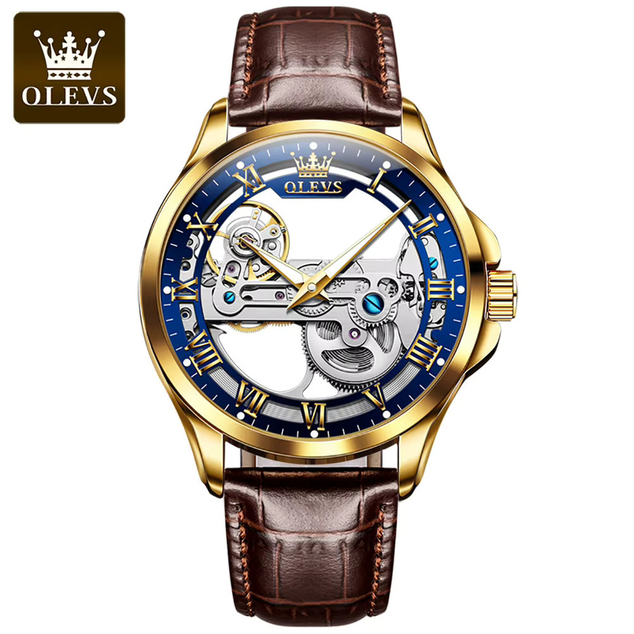OLEVS Armbanduhr, Automatik, Leder, Gold, Bicolor, Blau, Herren - Bild 7