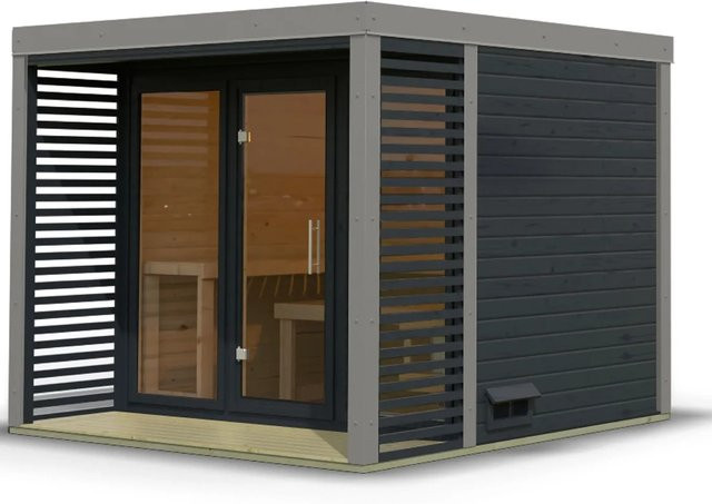 Karibu Saunahaus Seros Log Cabin aus Fichte und Espe in Anthrazit und Graualuminium - Bild 1