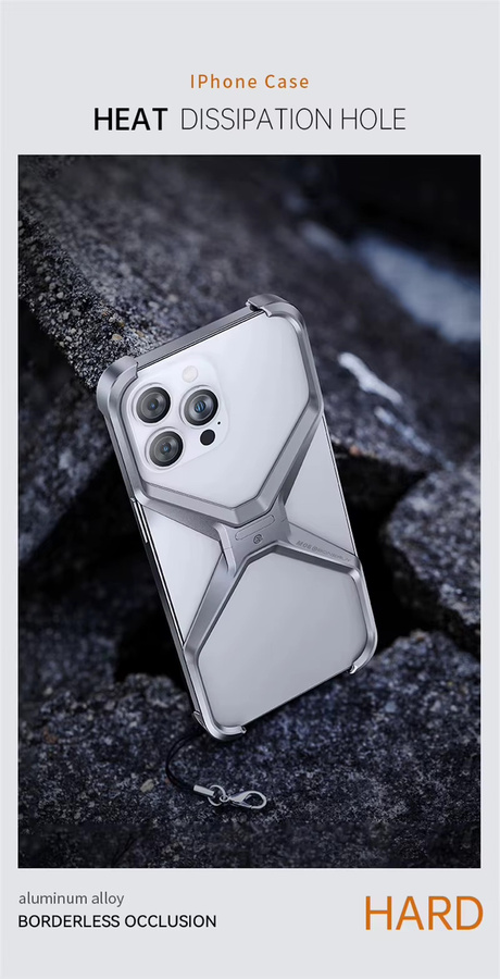 Stoßfestes Aluminium Handycase ohne Rand für iPhone 16 15 14 13 Pro Max mit X-Typ abnehmbarer Wärmeableitung in Grau und Silber - Bild 2
