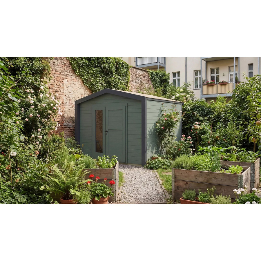 Weka Holz-Gartenhaus Killarney mit Satteldach in Grau-Grün lasiert, B/T/H: 311 x 313 x 246 cm - Bild 2