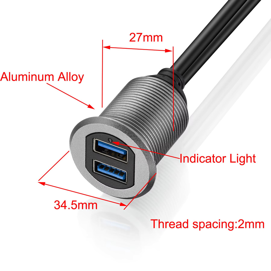 Bochara Unterputz-Panel USB-Verlängerungskabel mit Dual USB 3.0 und USB 2.0 Steckern in Silber aus Aluminiumlegierung mit Kontrollleuchte für dein Auto - Bild 3