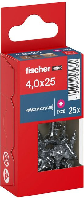 Fischer PowerFast II Senkkopf Schraube mit Torx-Antrieb und Vollgewinde aus verzinktem Stahl, Durchmesser: 4,0 mm, Länge: 25,0 mm, 25 Stück, Farbe: Silber/Blau - Bild 1