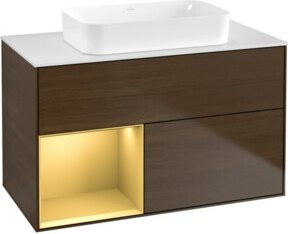 V&B Waschtischunterschrank Finion Wandbeleuchtung mit Regalsystem rechts, Walnut Veneer, Braun, B: 100 cm, T: 60,3 cm - Bild 1