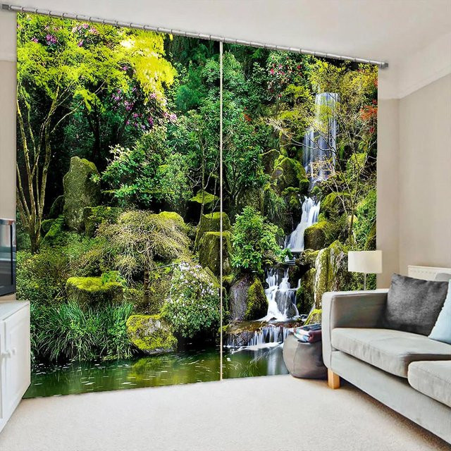 Zweiteiliges semi-transparentes Vorhangset mit Waldlandschaft und Wasserfall-Motiv in Grün, Breite: 50 cm, Höhe: 130 cm - Bild 1