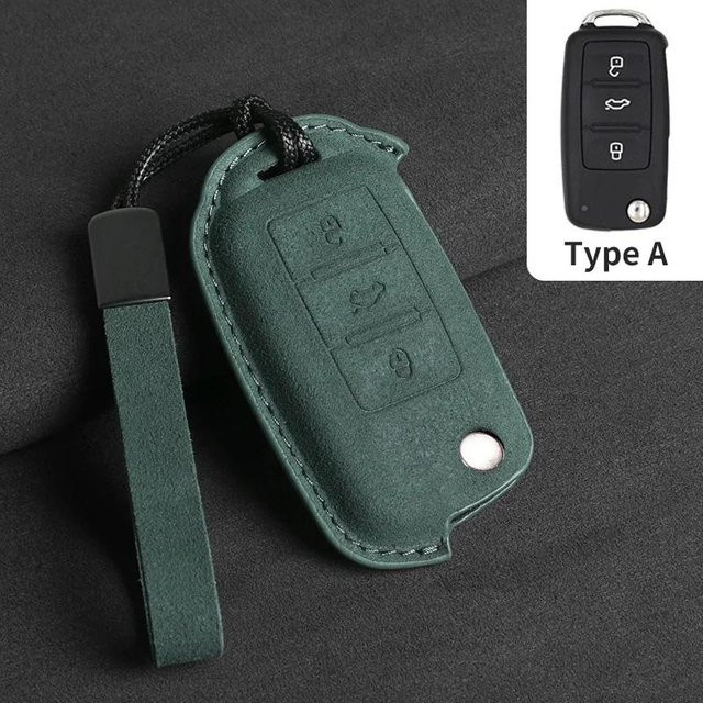 Wildleder Auto Klappschlüssel Hülle für VW Volkswagen Golf 7 MK7 Tiguan MK2 T-roc T-cross Skoda Octavia Kodiaq Karoq Seat Ateca Leon in Grau und Grün - Bild 1