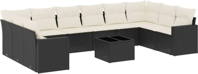 vidaXL 11-tlg. Garten-Sofagarnitur in L-Form aus Poly-Rattan mit Kissen in Schwarz-Creme - Bild 1