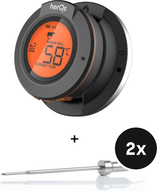 HerQs Digitales Grillthermometer Set in Schwarz mit Dome Thermometer und zusätzlichen Grillsonden aus Edelstahl - Bild 1