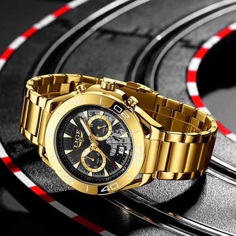 LIGE Armbanduhr Quarz, Edelstahl, Schwarz, Gold, Herren - Bild 4