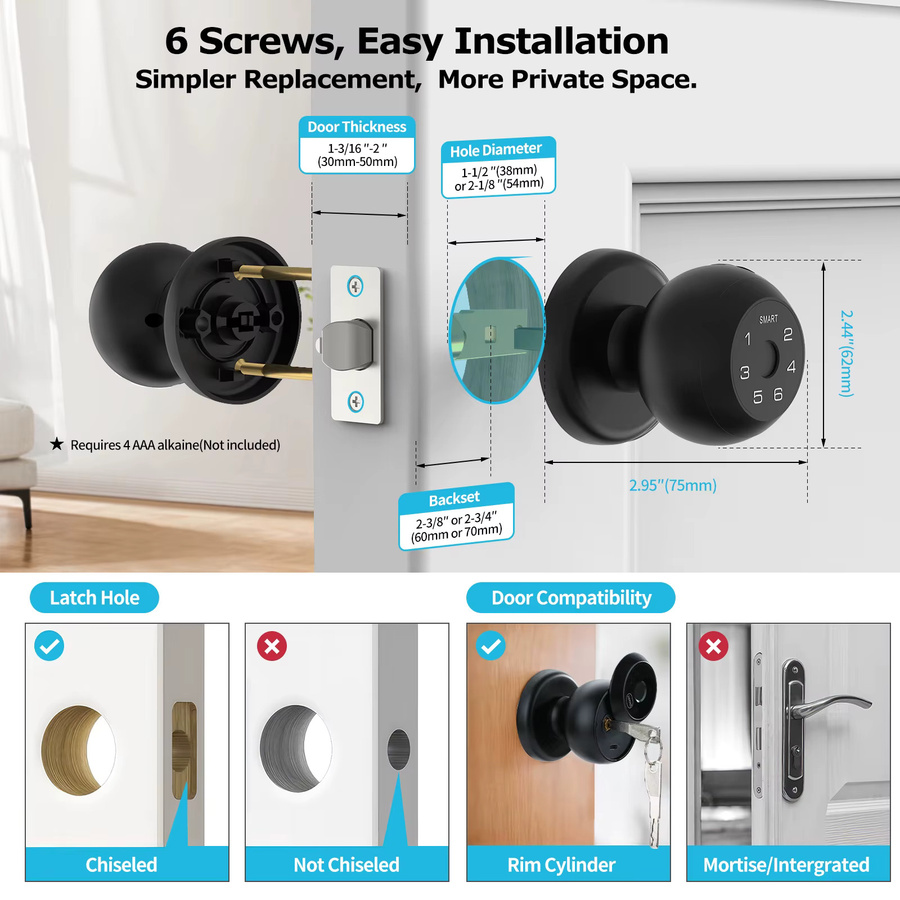 Viladepot Smart Lock Fingerabdruck-Türschloss in Schwarz mit App-Steuerung, Typ-C-Schnittstelle und elektronischer Touchscreen-Tastatur für den Innenbereich - Bild 3