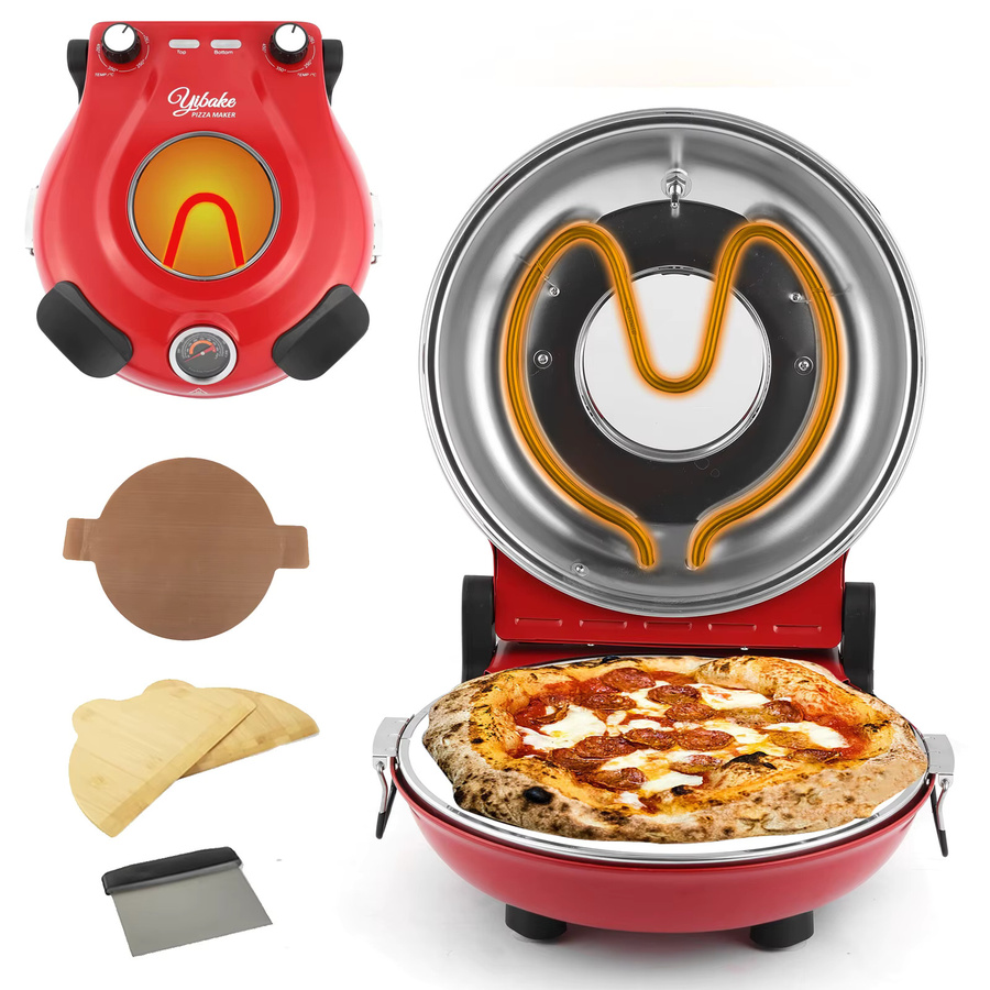 YIBAKE Elektro-Pizzaofen 12 Zoll in Rot mit Keramikstein und dualer Temperaturregelung bis 420 Grad - Bild 3