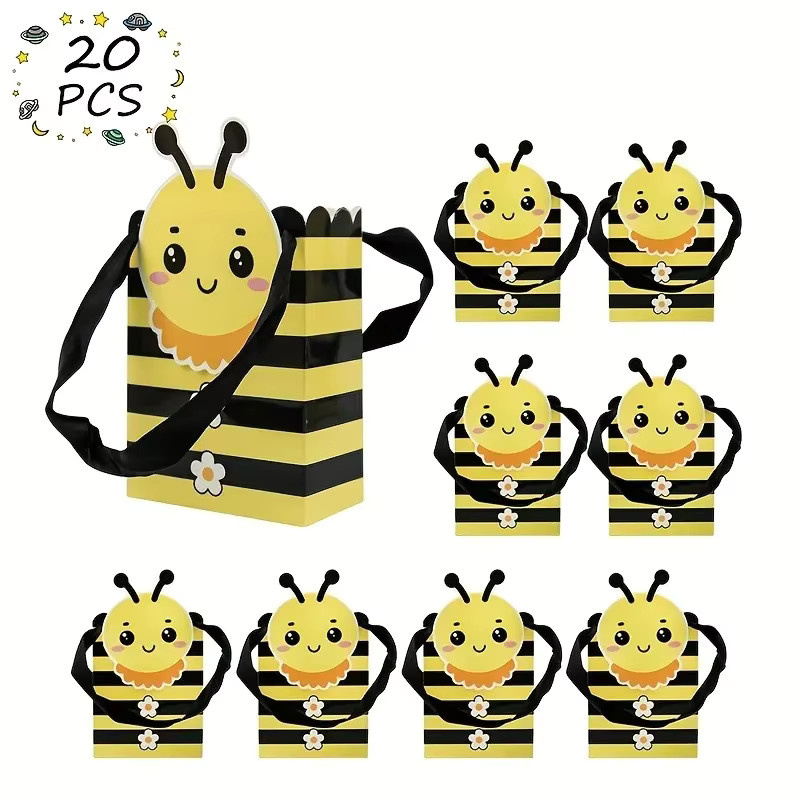 20 Stück Geschenktüten aus Papier mit gelbem Cartoon-Bienen-Motiv für Geburtstage und Hochzeiten - Bild 3