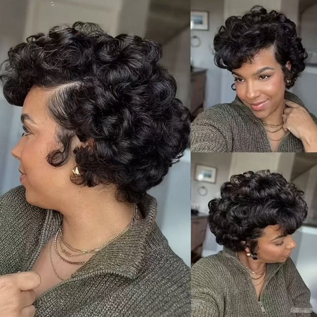 OYM HAIR Pixie Cut Perücke, Bouncy Curly, Brasilianisches Echthaar, Damen - Bild 1