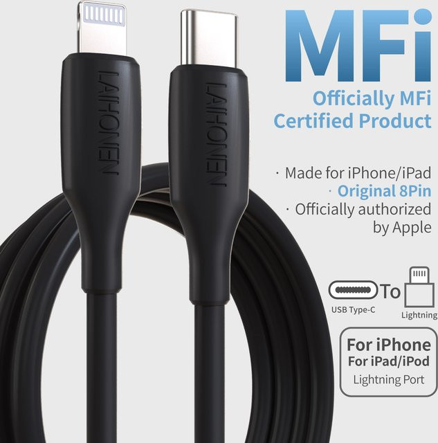 LAIHONEN USB-C auf Lightning Schnellladekabel 27W in Schwarz für iPhone und iPad - Bild 1
