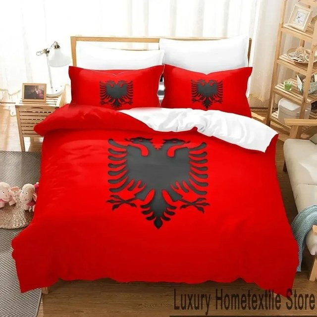 Bettwäscheset Republika Shqiptare mit 3D-Druck in Rot, bestehend aus Bettbezug und Kissenbezug, B/T/H: 200 x 200 cm, von Binchi Outdoor Product - Bild 1
