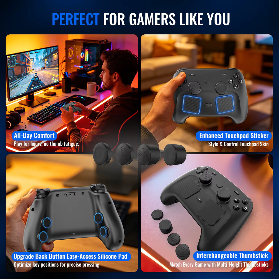 Valve Steam Controller Zubehör Set SDM011 in Schwarz: Rutschfeste Silikon-Joystick-Kappen und Touchpad-Aufkleber mit Rücktasten-Schutzpad - Bild 2