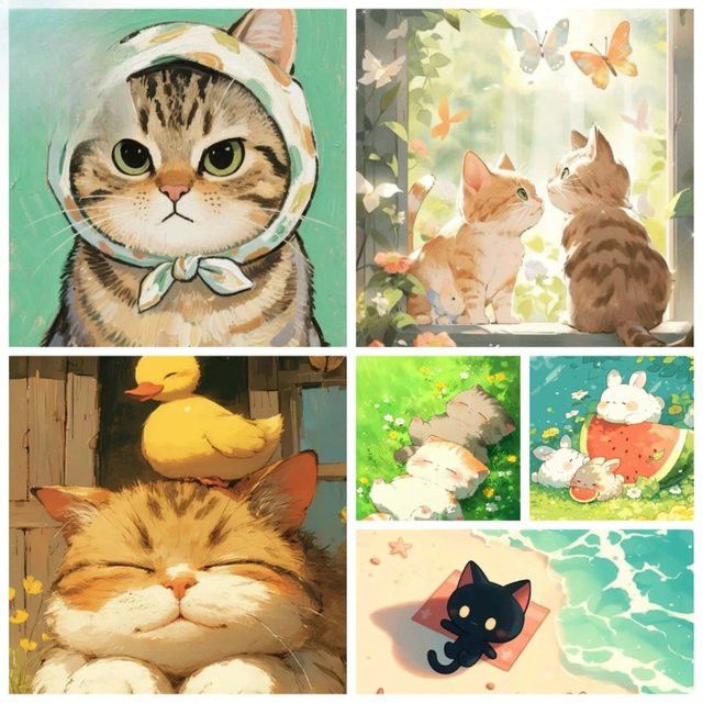 Potdemiel Malset Malen nach Zahlen mit niedlichem Tier Motiv Katze und Cartoon-Schwein als DIY Ölgemälde zur Wanddekoration - Bild 1