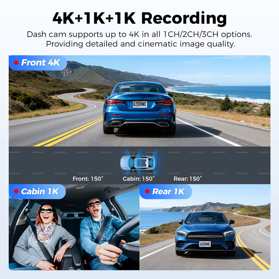 AZDOME M500 4K Dashcam 3-Kanal Auto-DVR mit Nachtsicht, G-Sensor, 24H Parküberwachung und Sprachsteuerung, Schwarz - Bild 3