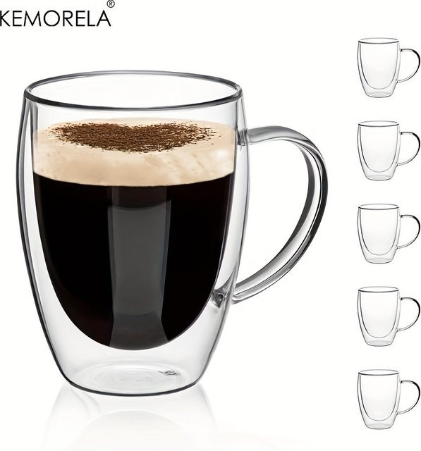 KEMORELA Doppelwand Glas Kaffeebecher mit Griff, Transparent, 350 ml - Bild 1