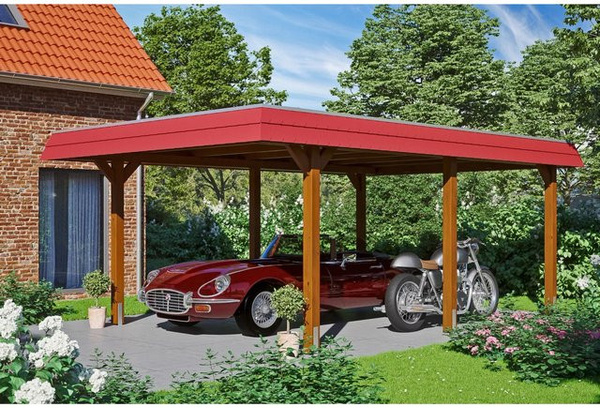 Wendland Skan Holz Carport Nussbaum mit Alu-Dach und Blende Rot, B: 409 cm, T: 628 cm, H: 247 cm