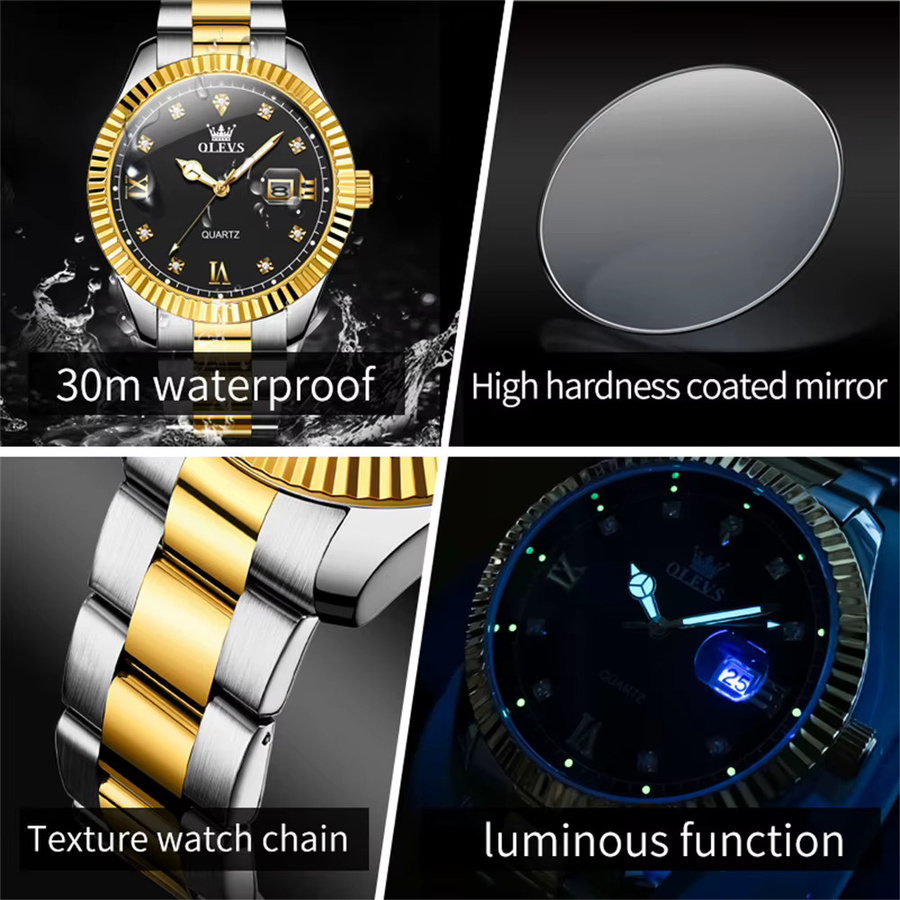 OLEVS Armbanduhr, Quarz, Edelstahl, Gold, Schwarz, Herren - Bild 6