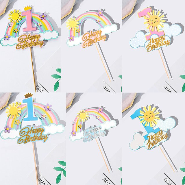 Regenbogen Kuchen Topper mit Sonne als bunte Dekoration für Kindergeburtstage und Babypartys, Multicolor - Bild 1