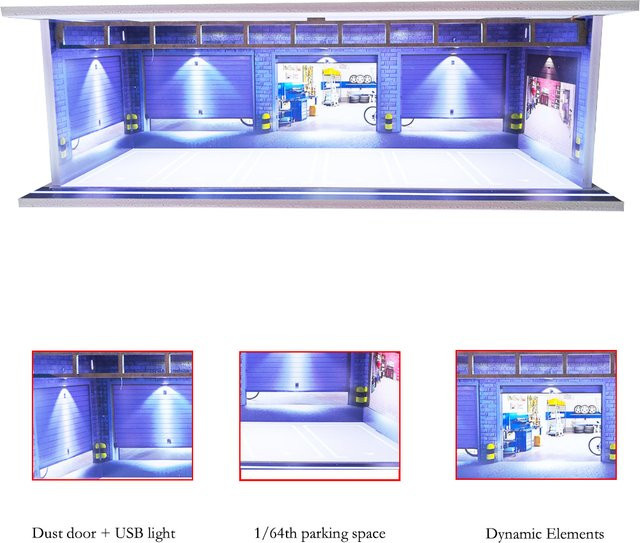 meiduoxing Sammlerwagen Garage Diorama, 1:64, LED-Beleuchtung, USB - Bild 1
