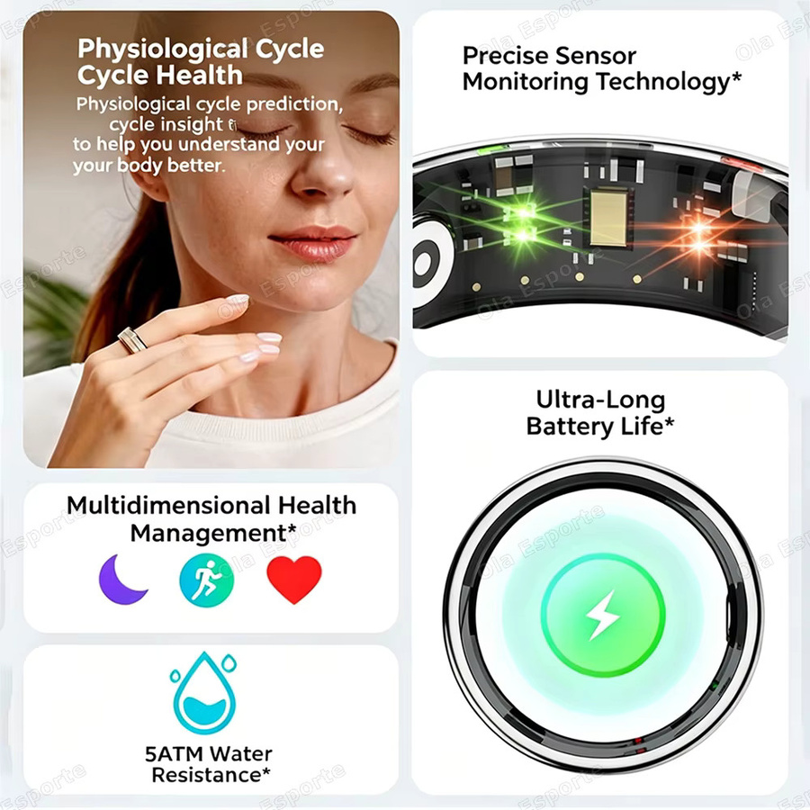 Ola Esporte Smart Ring für Damen und Herren in Schwarz mit Herzfrequenz- und Gesundheitsmonitor sowie Schrittzähler, IP68 und 5ATM wasserdicht - Bild 2
